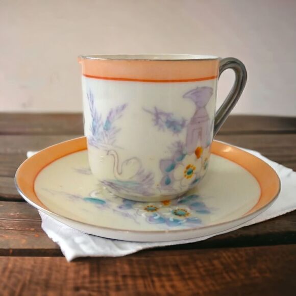 Lustreware Demitasse Espresso Cup Saucer Hotta Yu Shoten Moriage Swans Floral. - Picture 16 of 16